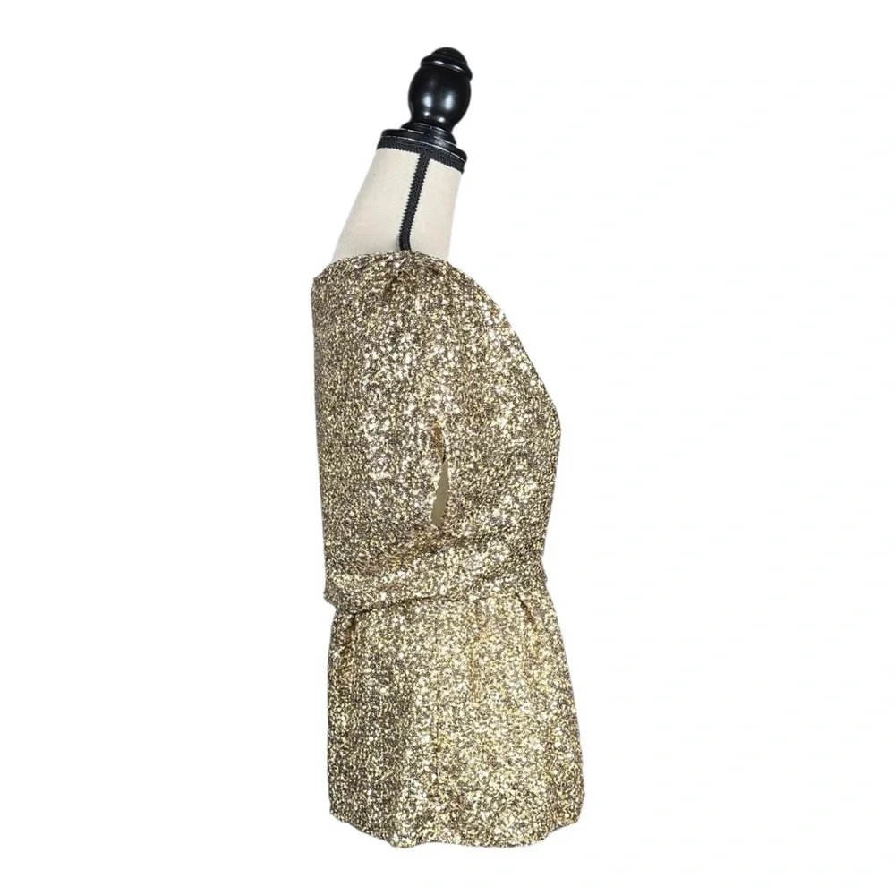 Alice + Olivia Barret Gold Sequin Blouson Party Glam Disco Top - Picture 3 of 5